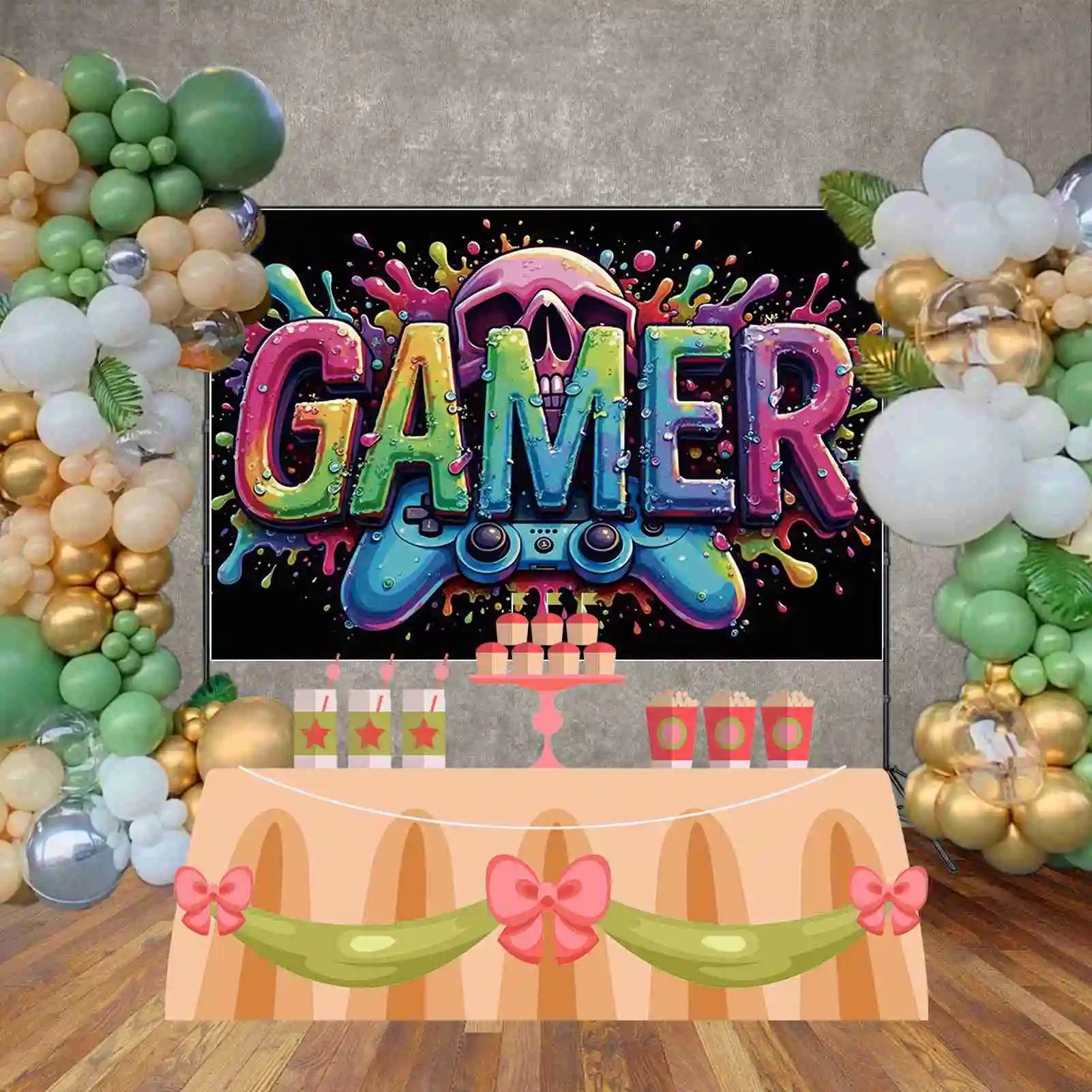 MOON.QG Game Night Party Decorations Backdrop Boy's Birthday Party Banner Poster Background Controller Skull Photo Studio Props