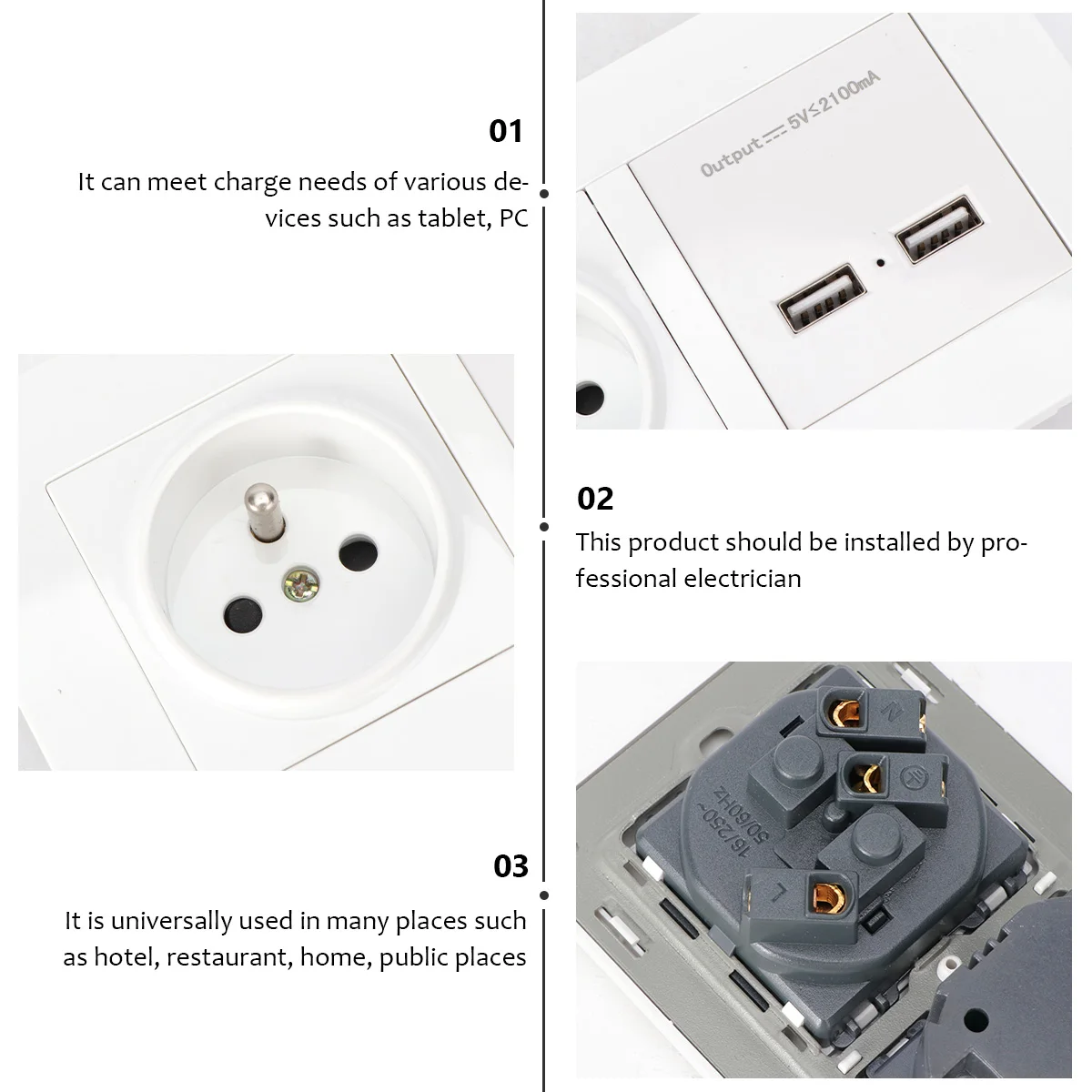 

European Standard Dual USB Two-hole Wall Socket 86-Type Panel Socket Panel Wall Power 2100mA Dual USB Socket (White)