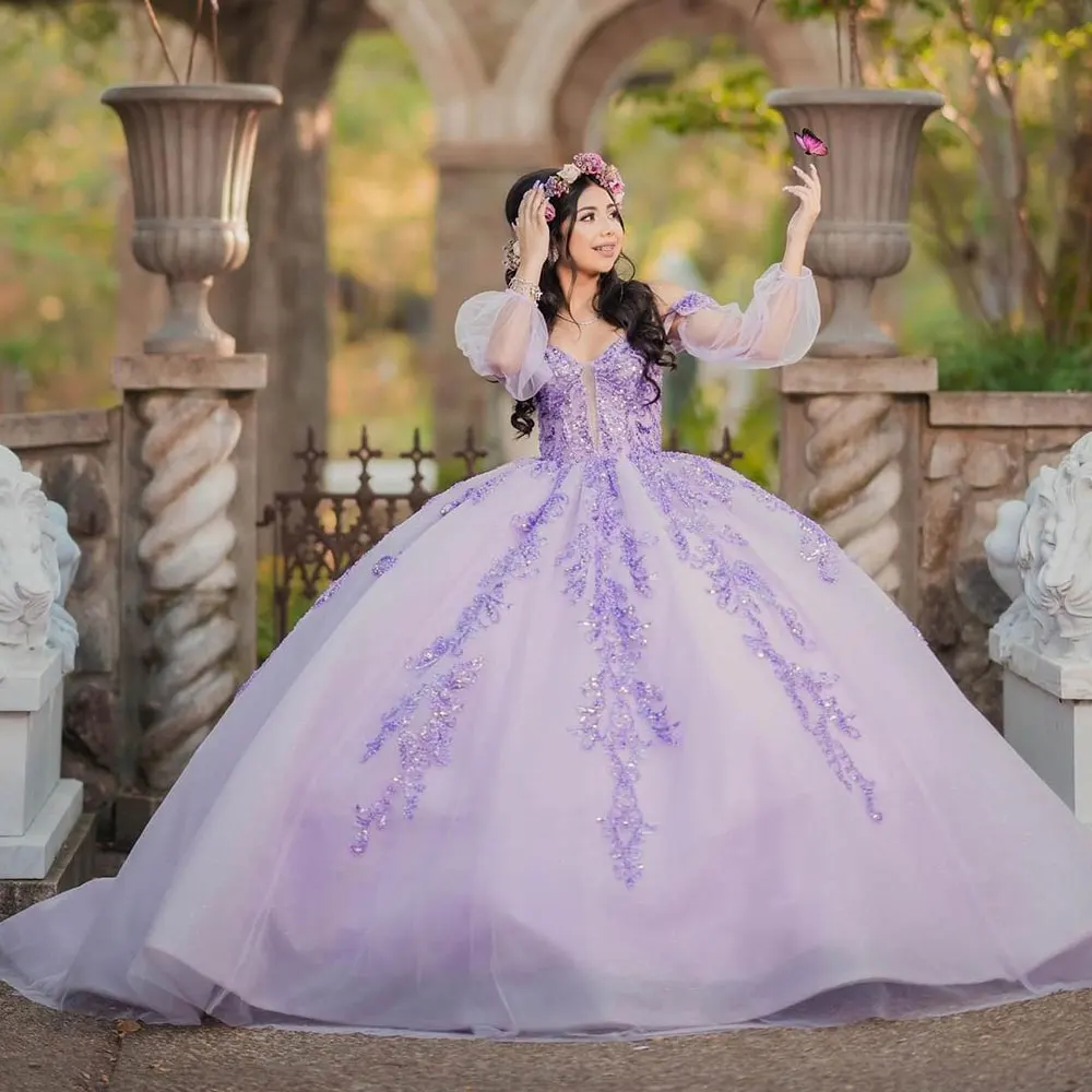 

Женское бальное платье UETEEY Quinceanera, платье с открытыми плечами, аппликацией и V-образным вырезом, со шнуровкой сзади и шлейфом, Роскошные платья на день рождения