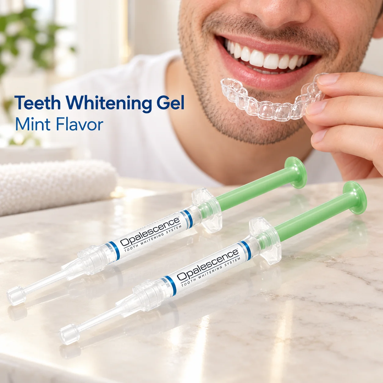 Teeth Whitening Gel For Use With Dental Trays Featuring Mint Flavor And A Capped Syringe With A Green Plunger For Gel Dispensing