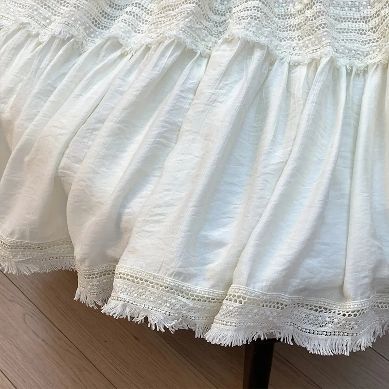 Gonna longuette a trapezio bianca gonfia da donna Inizio autunno 2025 Gonna svasata con finiture in pizzo Cotone Lyocell Vita alta Pendolarismo Ci