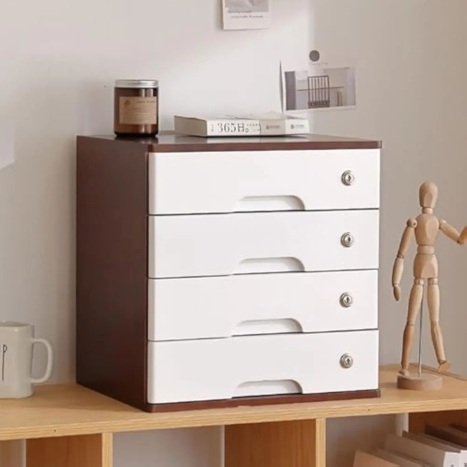 

4 Tiers Wooden Storage Cabinet, Desk Storage Organizer with Lockable Drawers Desktop Filing Cabinet Wood Storage Drawer Organiz