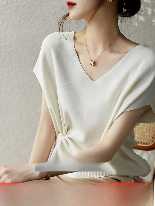 Outlet Thin Batwing Sve Ice Silk Knitted V-ne ort Sve T-irt Women's Faionable Casual Sle Loose Fit Knitwear