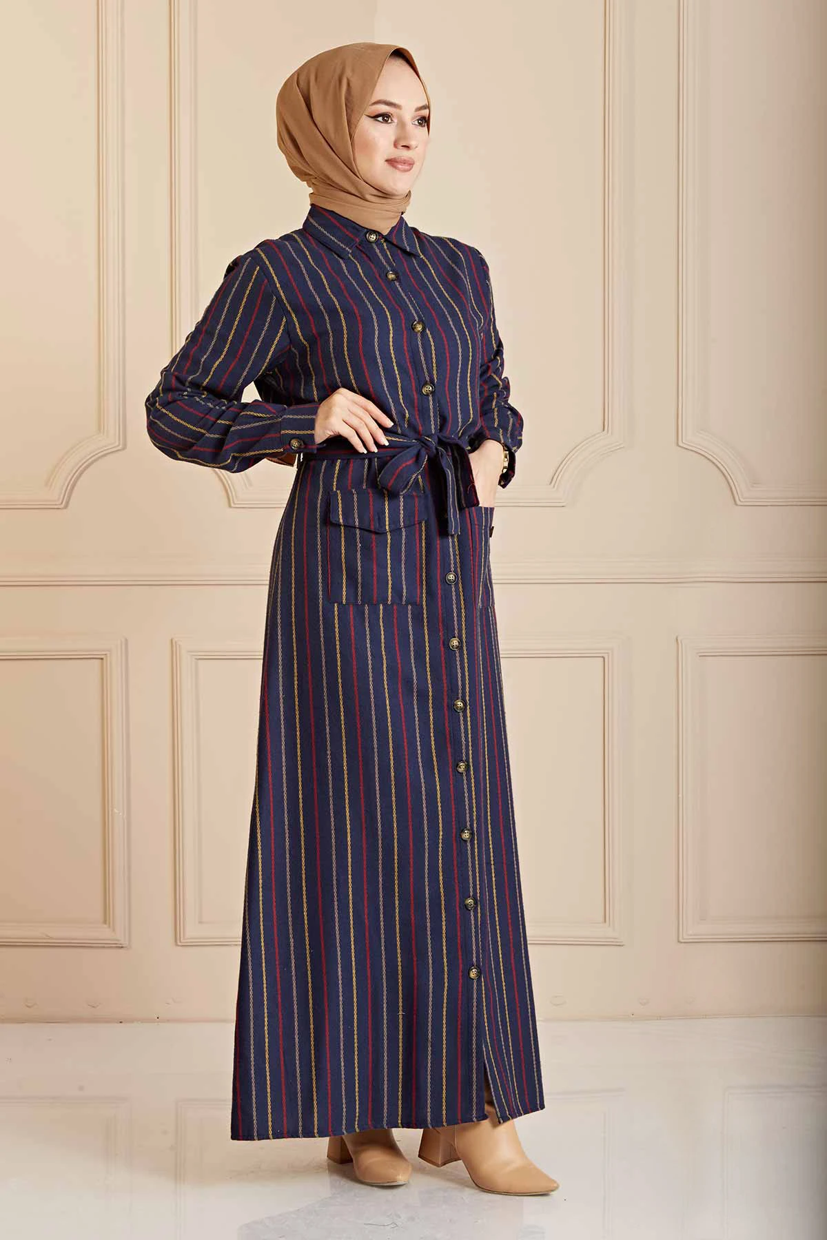 Striped Shirt Collar Dress PO Navy Blue Winter Autumn 2021 Muslim Women Hijab headscarf Islamic Turkey