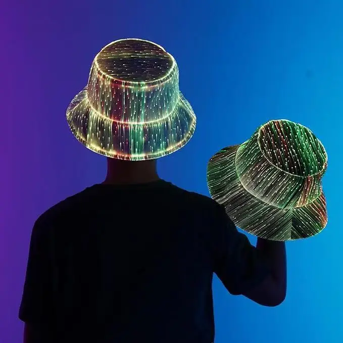 Multi Function LED Seven Color Bucket Hats Birthday Travel Beach Outdoor Party Favor Toy Hat Glowing Fishermen Fiber Optic Caps