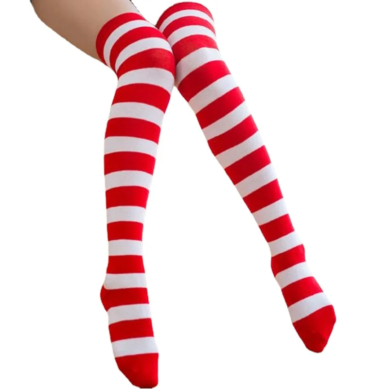 

Women Thigh High Over The Knee Socks For Ladies Red White Striped Hosiery Long Cotton Stockings Knitted Warm Soks