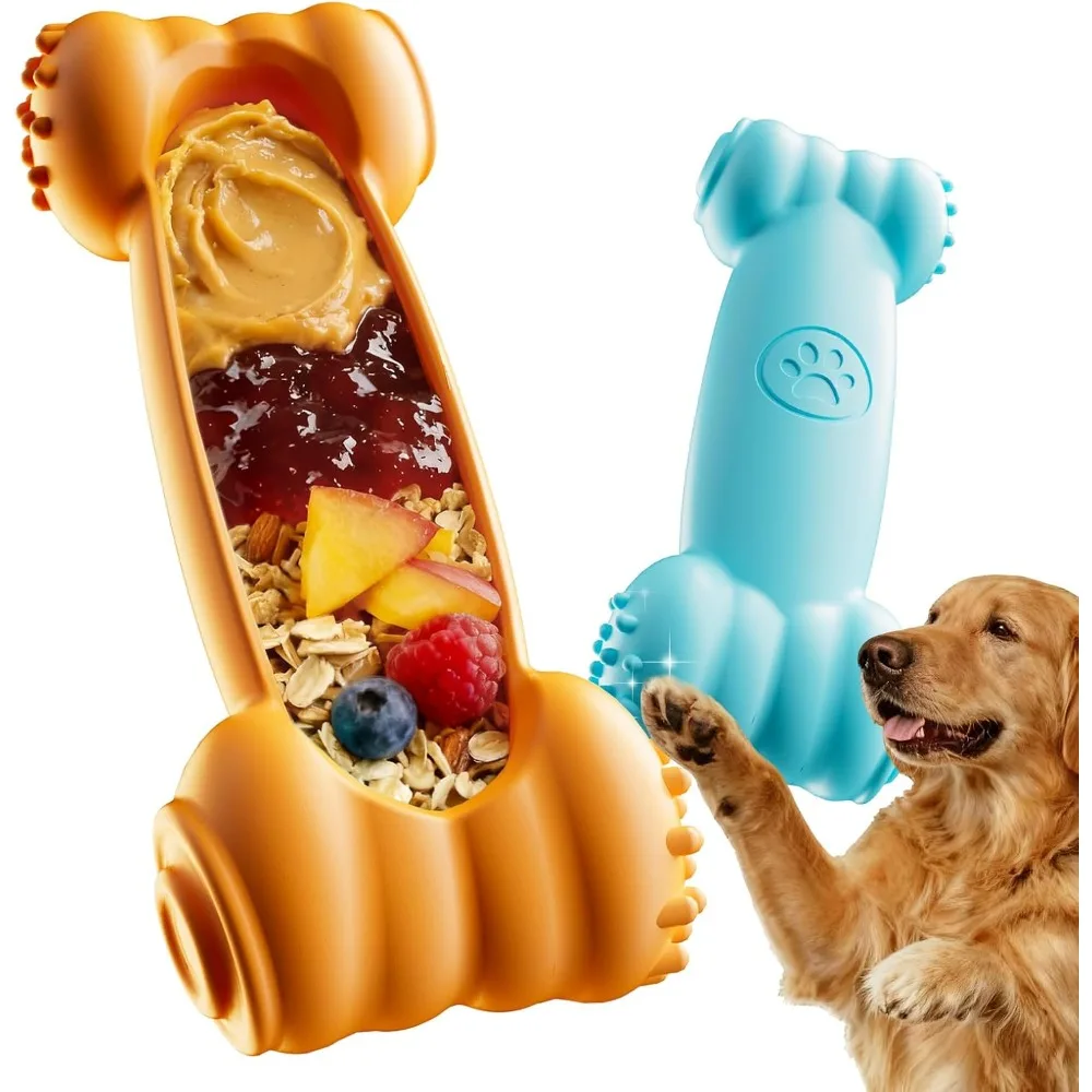 2-Pack Fillable Slow Feeder Dog Lick Bone Freeze Chew Toy for Aggressive Chewers Puppy Teething Relief Treat Enrichment Toy