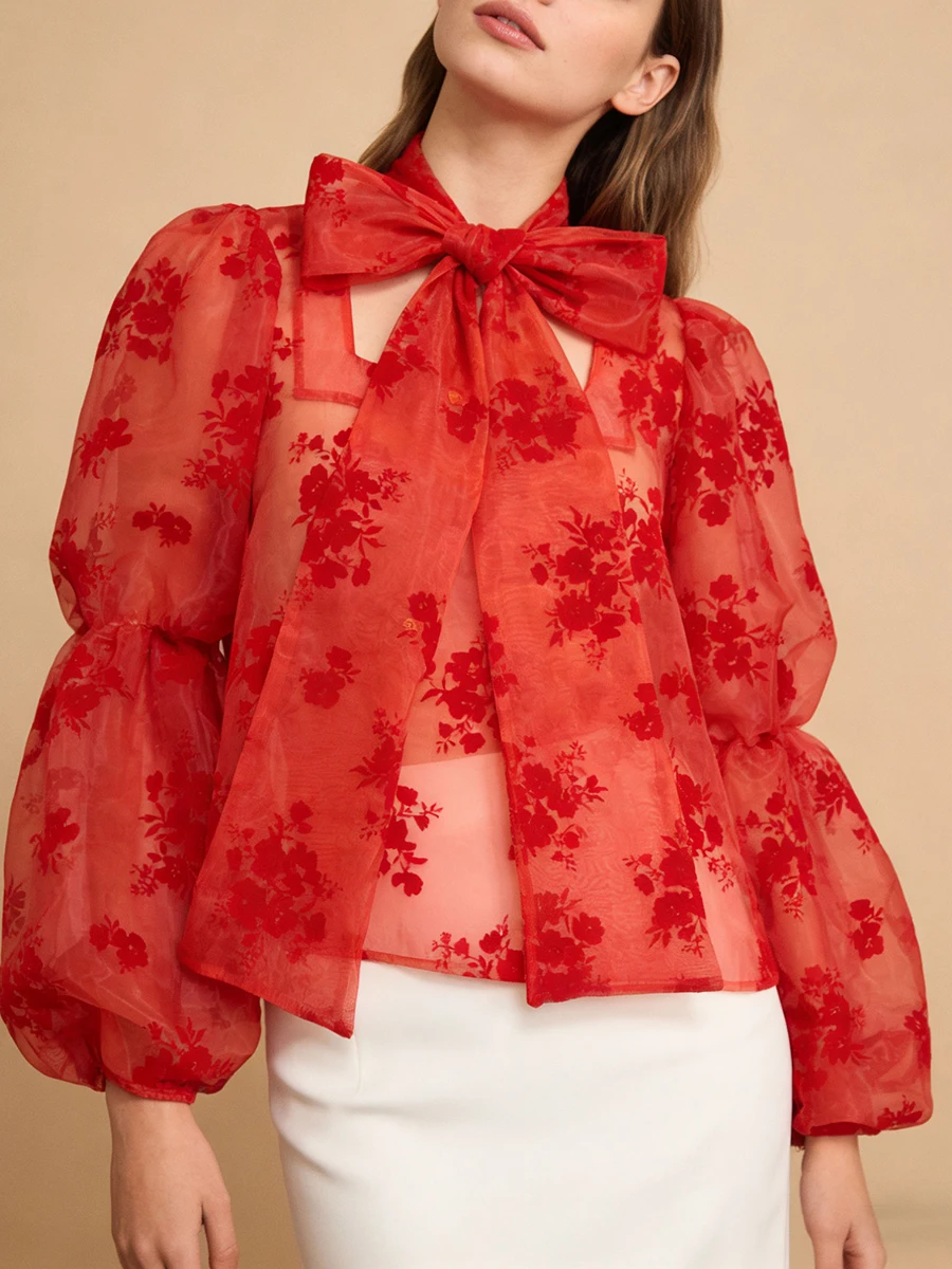 VGH أنيقة الأزهار الطباعة الشيفون قميص للنساء وشاح طوق الجوف خارج تصميم نفخة الأكمام بقماش شفاف مثير بلوزة الإناث جديد #2