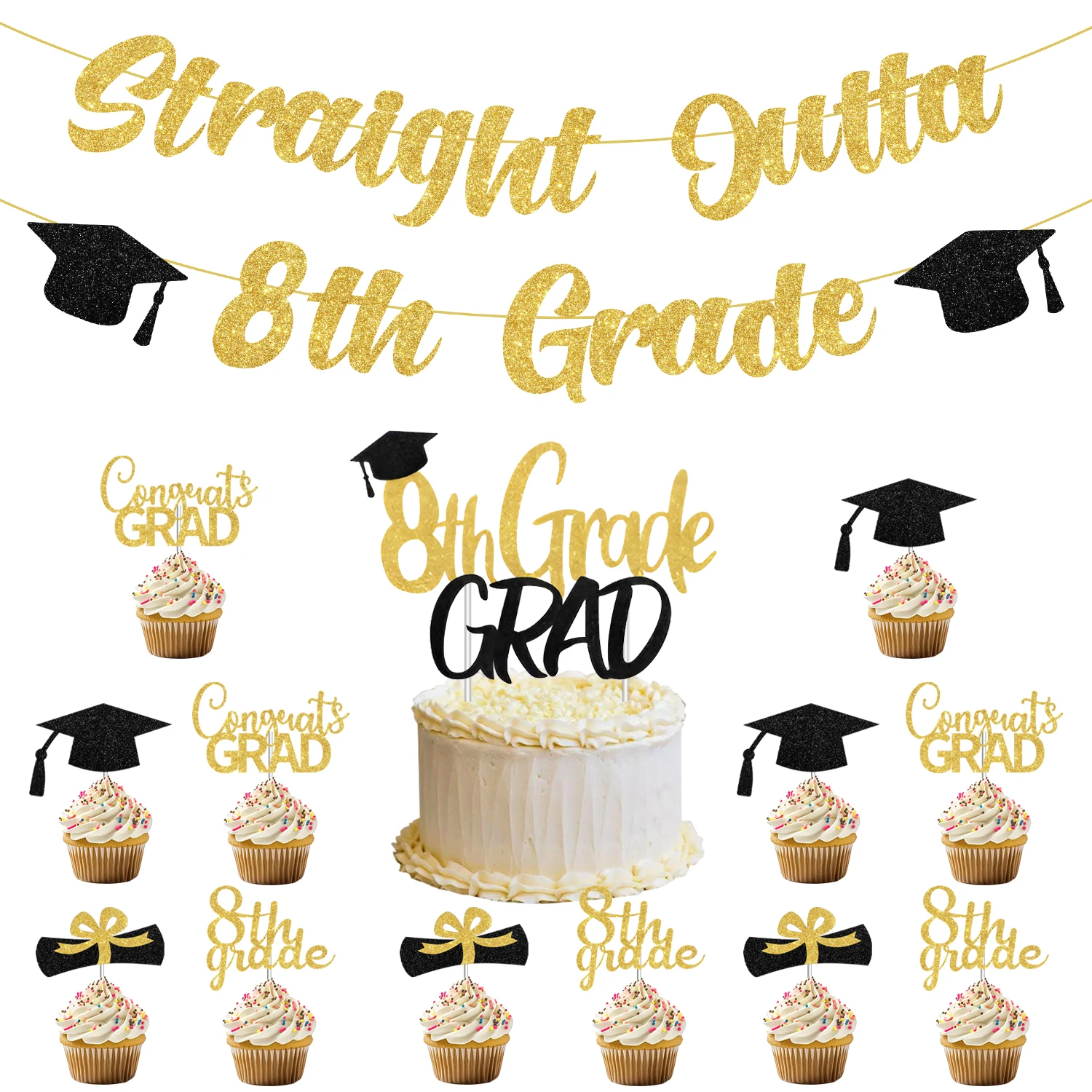 

Straight Outta 8th Grade Banner Set Graduation Party Decor with Glitter Banner Cake Topper for 8th Grade Graduation Party