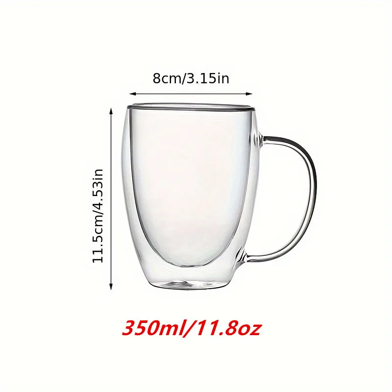A set of four cups, each with a capacity of 350ml. They are high borosilicate double-walled glass cups, thickened for home use,