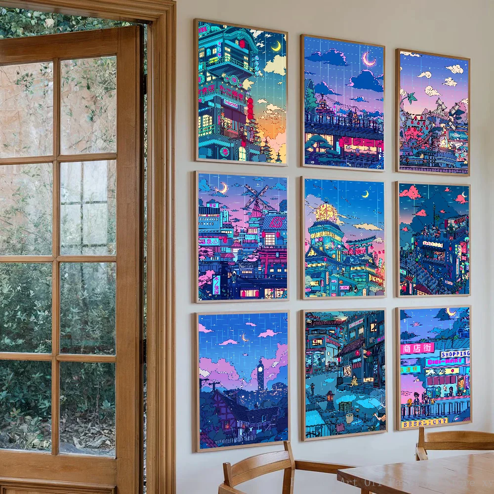 

Painting Cartoon Night Street Poster Paper Printing Home Living Room Entrance Restaurant Cafe Art Painting Decoration