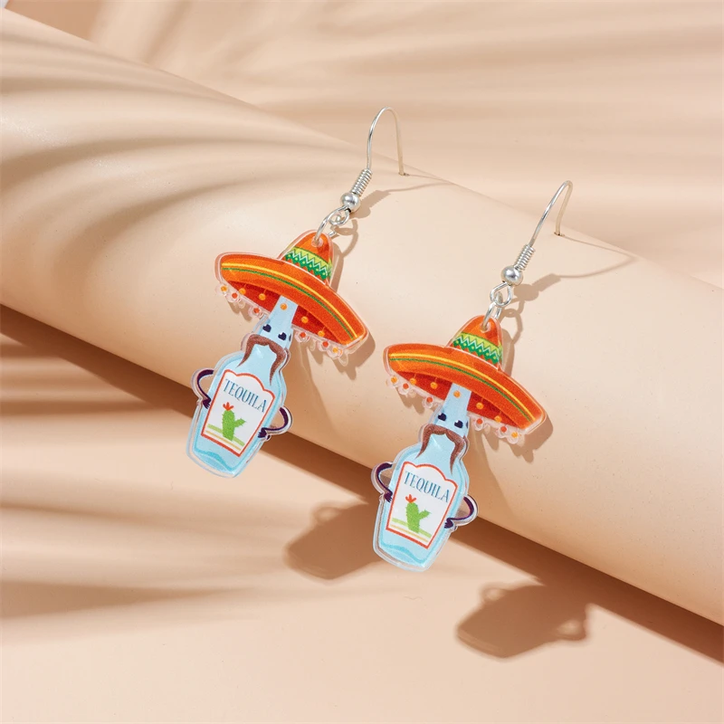 MEYRROYU New Mexican Festival Wine Bottle Drop Earrings For Women  Acrylic Famous Ethnic Style Jewelry Holiday Party Gifts