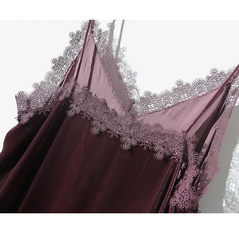 Fengbaoyu-Silk Velvet V-Collar Suspender Dress, French Lace Decorated, Garnet Dress, Spring and Autumn,Casual Dresses