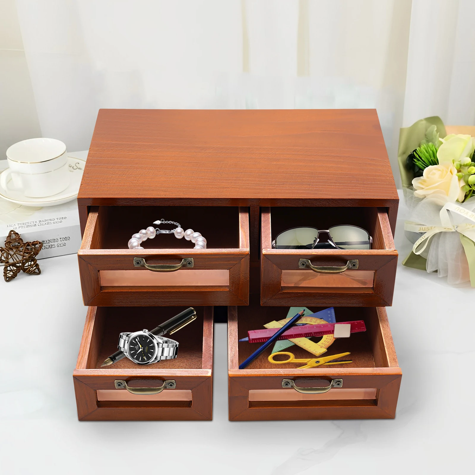 Desk Organizer with Drawers Lightweight Wooden Desktop Storage Cabinet Smooth Edge Environmentally Friendly Stable Construction