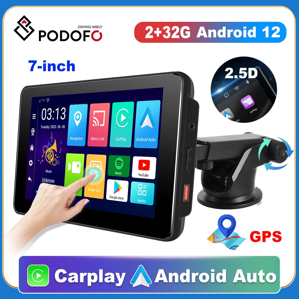 

Podofo 7'' Dash Cam Rearview Camera Carplay & Android Auto DVR GPS Navigation Car Recorder Dashboard Car Mirror 24H Park AUX