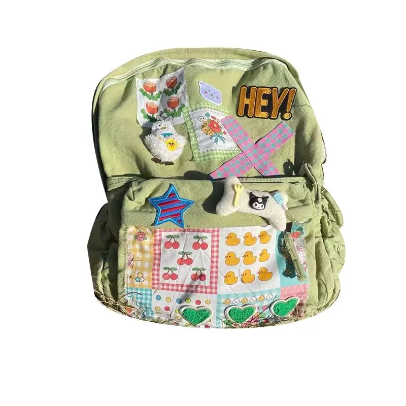 American Retro Cartoon Cute Stickers Canvas Kawaii Backpack High Capacity Student Bag Storage Bag Travel Backpack School Bag