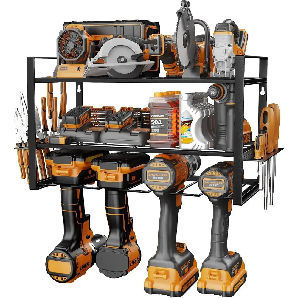 

3-Tier Metal Wall Mounted Tool Rack for 4 Power Drills, Screwdriver & Hammer Storage, Garage Organizer