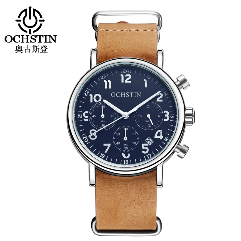 OCHSTIN 39mm Pilot Heren Horloges Topmerk Luxe Nummer Schaal Lederen Lichtgevende Quartz Mannen Horloge Vintage Chronograaf Klok