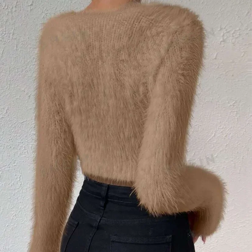 Autumn Winter New Independent Station Solid Color V-neck Slim Fit Versatile Plush Short Women's Sweater