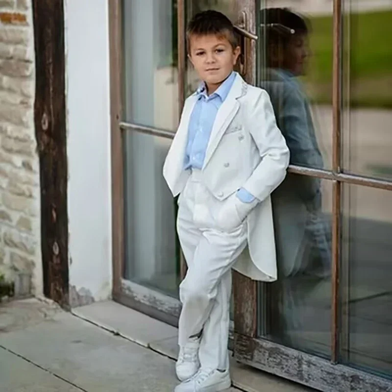 White Suits for Boys Wedding Tuxedo 2-Piece Long Jacket Double Breasted Notch Lapel Blazer Pants Formal Kids Clothes 2-18 Years