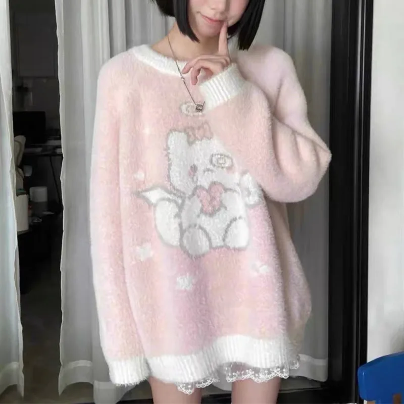 Cutecore Anime Cat Graphic Pullovers Imitation Mink Fur Pink Sweater Women Kawaii Oversize Knitted Sweater Top Lolita Girls Y2k