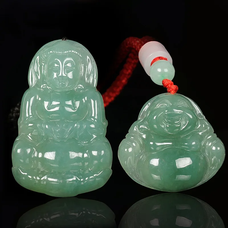 Natural a Cargo Myanmar Goddess of Mercy Men's Necklace Jade Statue Women's Smiling Buddha Pendant J