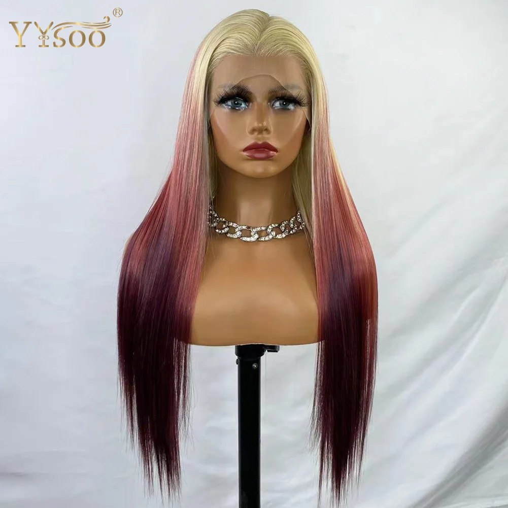 YYsoo13x4 Lange Zijdeachtige Rechte Futura Synthetische Lace Front Pruiken 613 # Ombre Rood Lijmloze Pre Geplukt Half Hand Gebonden Pruiken voor Vrouwen