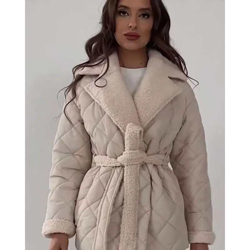 Women's Turn-down Collar Tie Closure Mid-length Cotton Coat Fashionable Loose Fit Outerwear Versatile Fitted Waist Comfortable