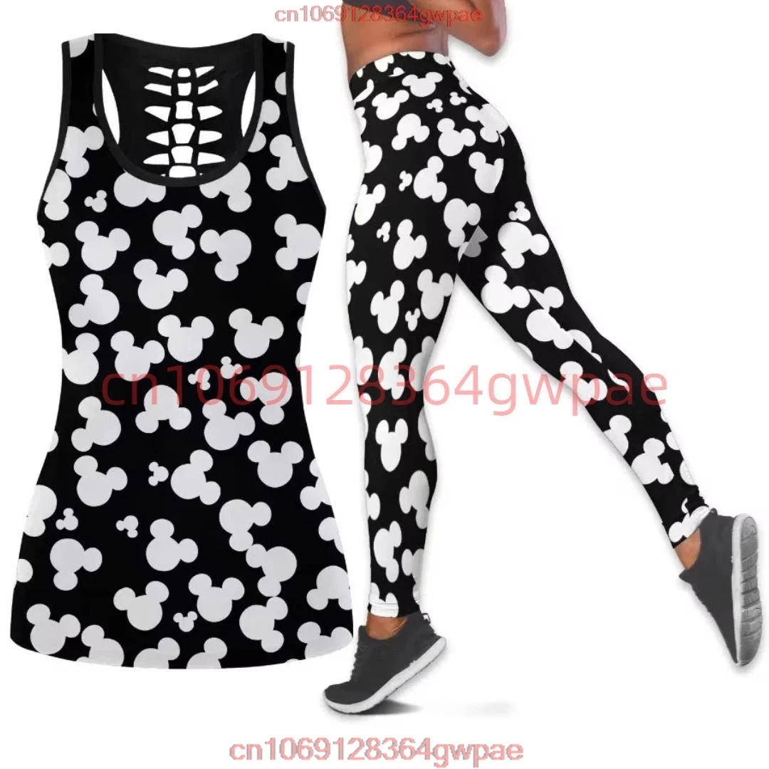 Disney-Conjunto de camisola de alças e leggings feminino, mickey mouse, fato de treino fitness, ioga, oco, verão