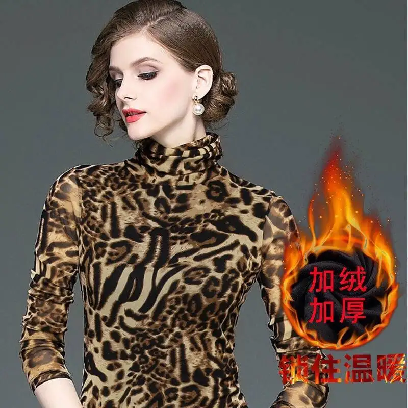 Blouse Women Leopard Print Women\'s Long-Sleeved Top Thermal Turtleneck Slim-Fit Printed Shirts Blusas Ropa De Mujer