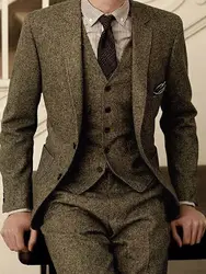 2023 Latest Coat Pant Designs Brown Tweed Men Suit Slim Fit Skinny 3 Piece Tuxedo Custom Groom Blazer Prom Suits Terno Masculino