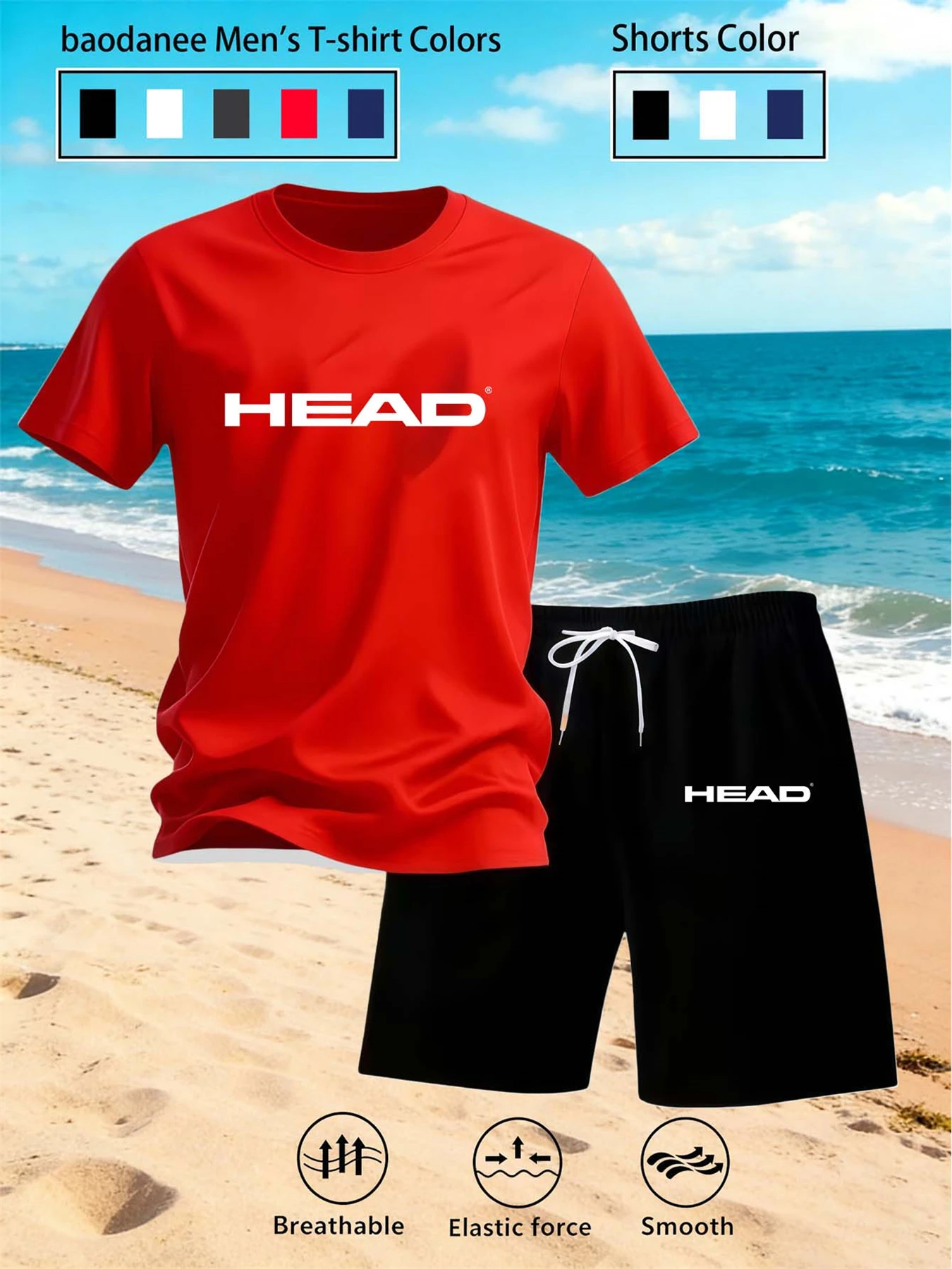 HEAD Men's 2 Piece Outfit Casual Short Sleeve T Shirt And Shorts Set Breathable Smooth Sports Suit For Tennis Beach Daily Wear