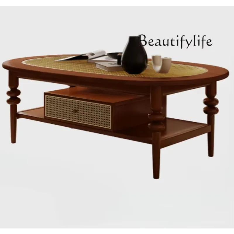X36 French Retro Solid Wood Coffee Table Cherry Wood Small Apartment Medieval Oval Home Designer Glass Edge Table