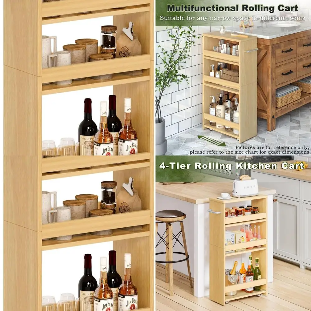 

4-Tier Slim Rolling Kitchen Cart, 7.9 Wide, with Wheels and Handle, for Efficient Storage in Small Spaces (Maple)