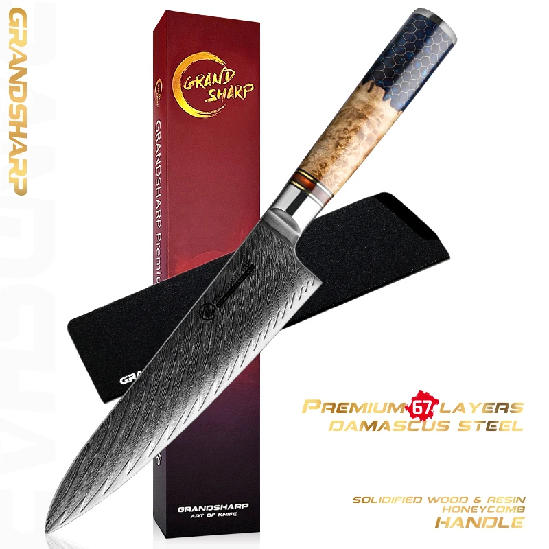 7.5 Inch Damascus Chef Knife AUS-10 Japanese Stainless Steel Kitchen Knife Meat Gyuto Salmon Sashimi Knives Cutlery GRANDSHARP