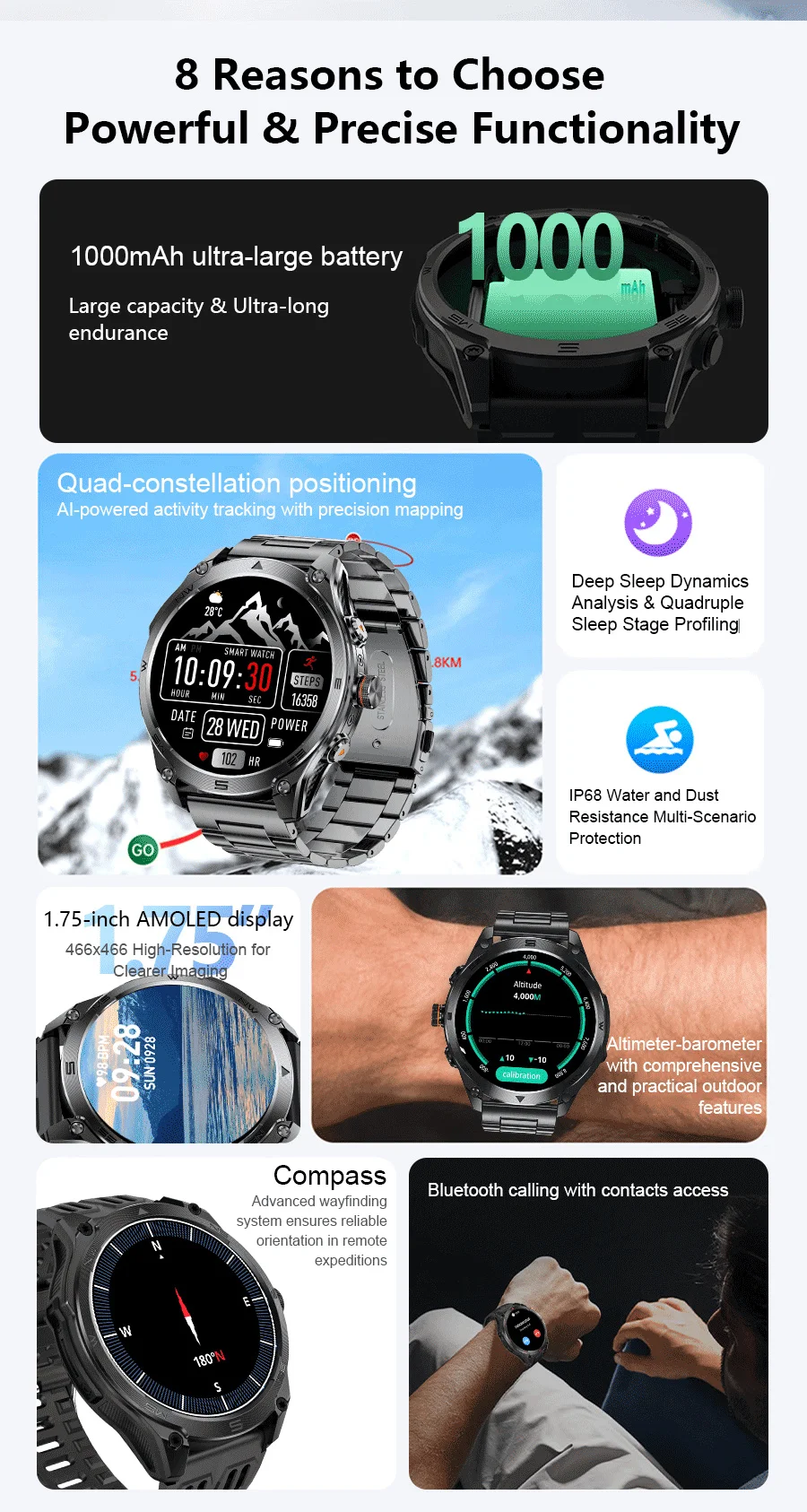 2026 Militärische Ultra-GPS-Smartwatch mit 1000mAh Akku, 10ATM Wasserdicht, Kompass, Taschenlampe, Sport-Tracker, HD-Anruf, Smartwatch für Herren – Detail 2