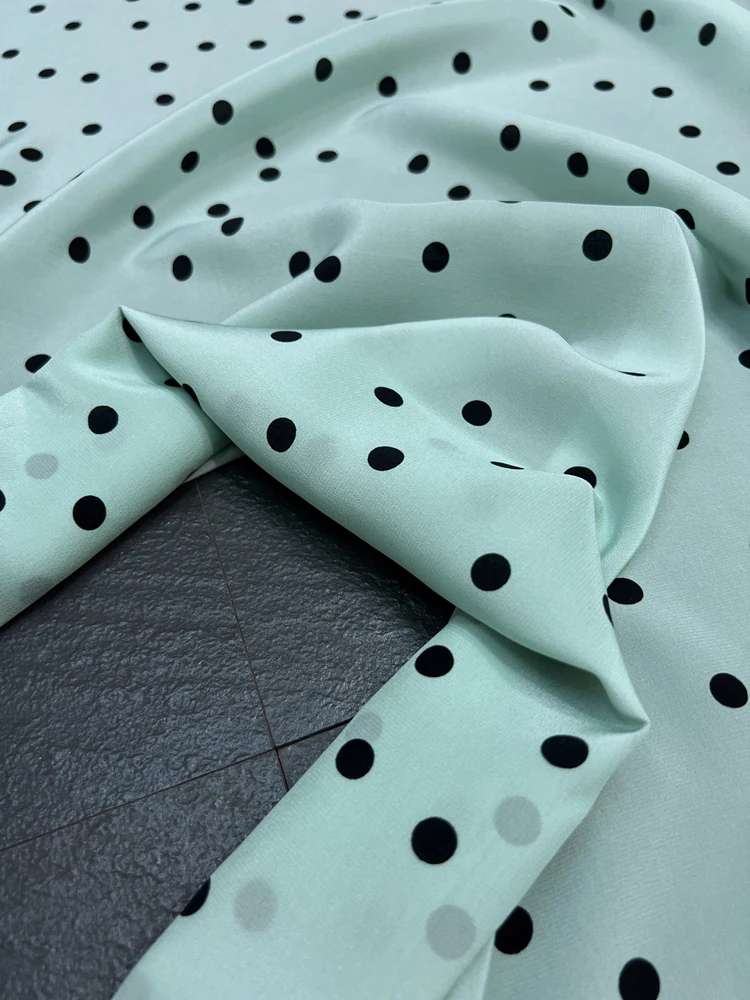 Silk Crepe De Chine Fabric Spring Summer Shirt Dress Bean Green Polka Dot Print Craft Designer Fashion Wholesale Cloth