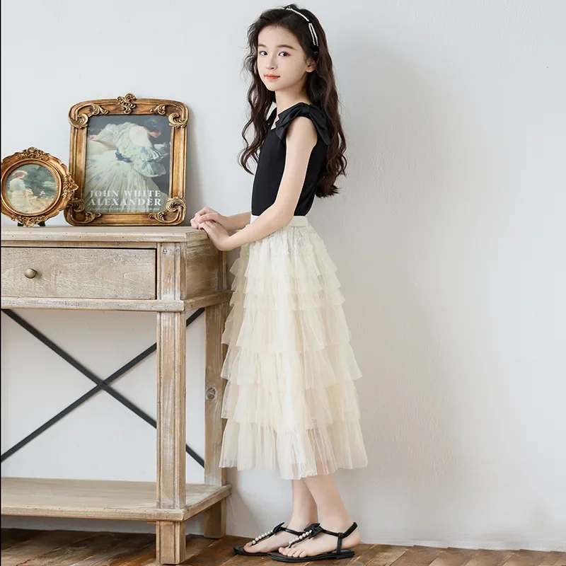 Teenage Girls Clothes Set Summer 2024 New Black Vest Tiered Skirt Two Pieces Kids Outfits Fashion Princess Children Costumes