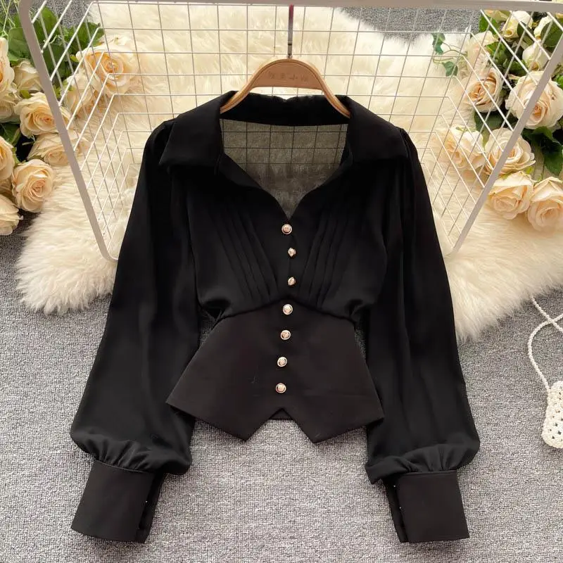 Elegant Lapel Spliced Button Folds Irregular Blouse Women\'s Clothing 2023 Spring New Casual Pullovers All-match Sweet Shirt