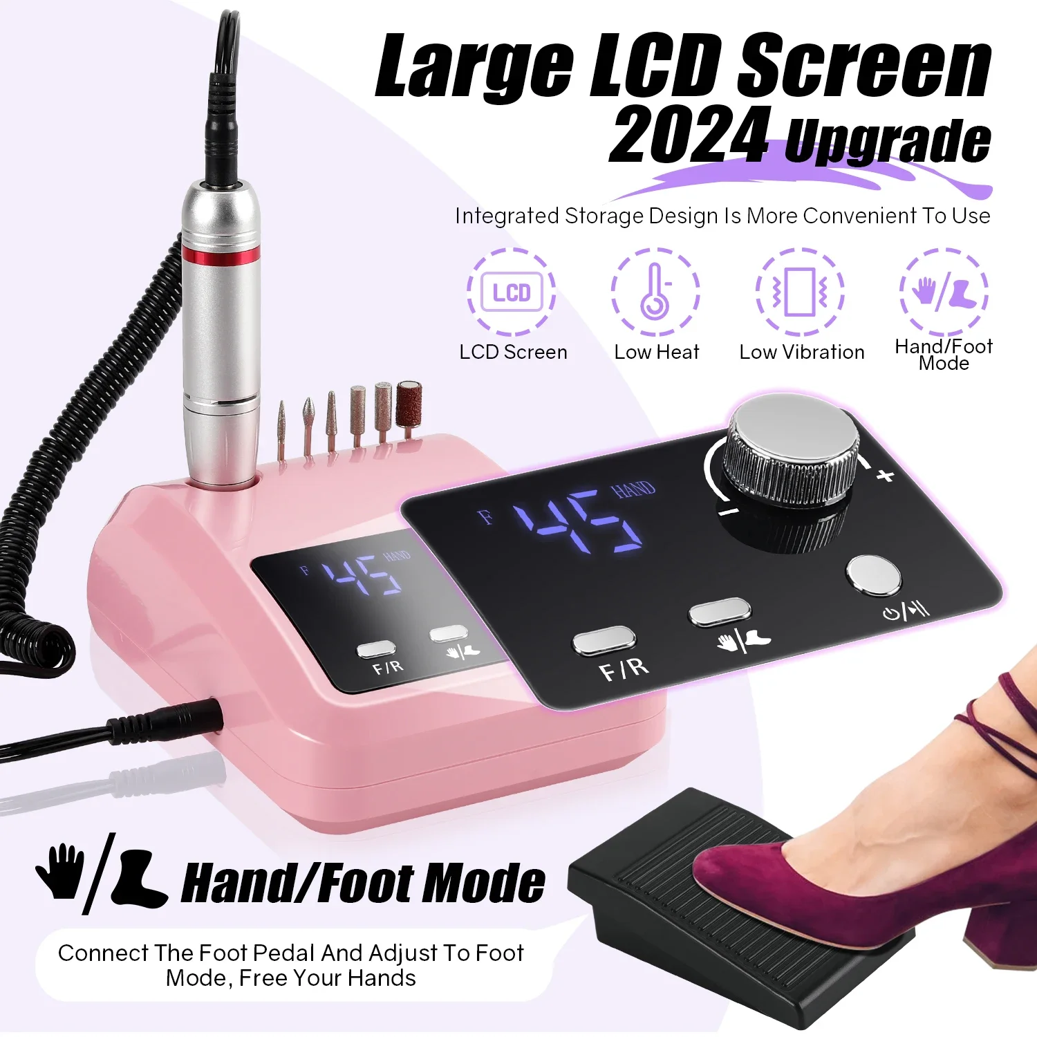 45000RPM Nail Drill Machine Professional Nail Lathe with Large LCD Screen 30W Smart Electric Manicure Polisher Nail Art Toools