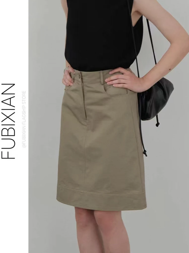 Black A-Line  Skirt Casual Intellectual Khaki Color Spring Summer Autumn Season High Waist Cotton Material School Girl Style