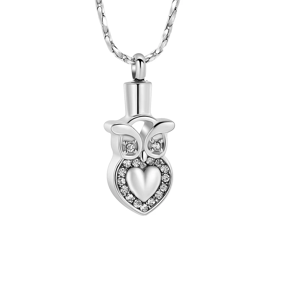 Owl Shape Urn Pendant Necklace Stainless Steel For Pet Ashes Cute Women's Gift With Crystal Healing Memorial Cremation Jewelry