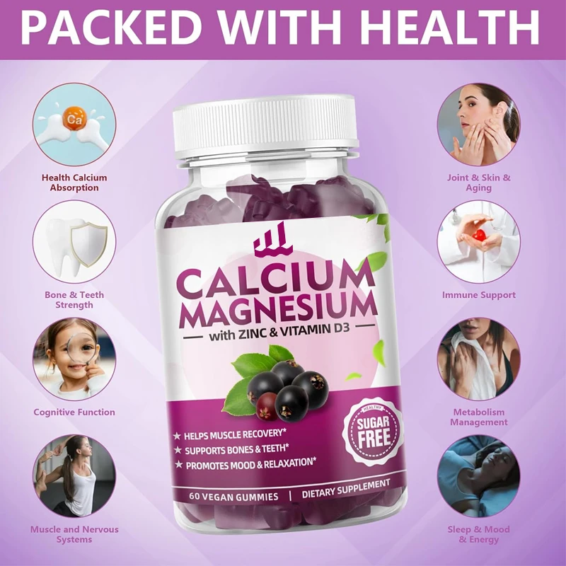 

Calcium, magnesium, zinc, and vitamin D3 supplements for bone and muscle and immune health, vegetarian elderberry flavor