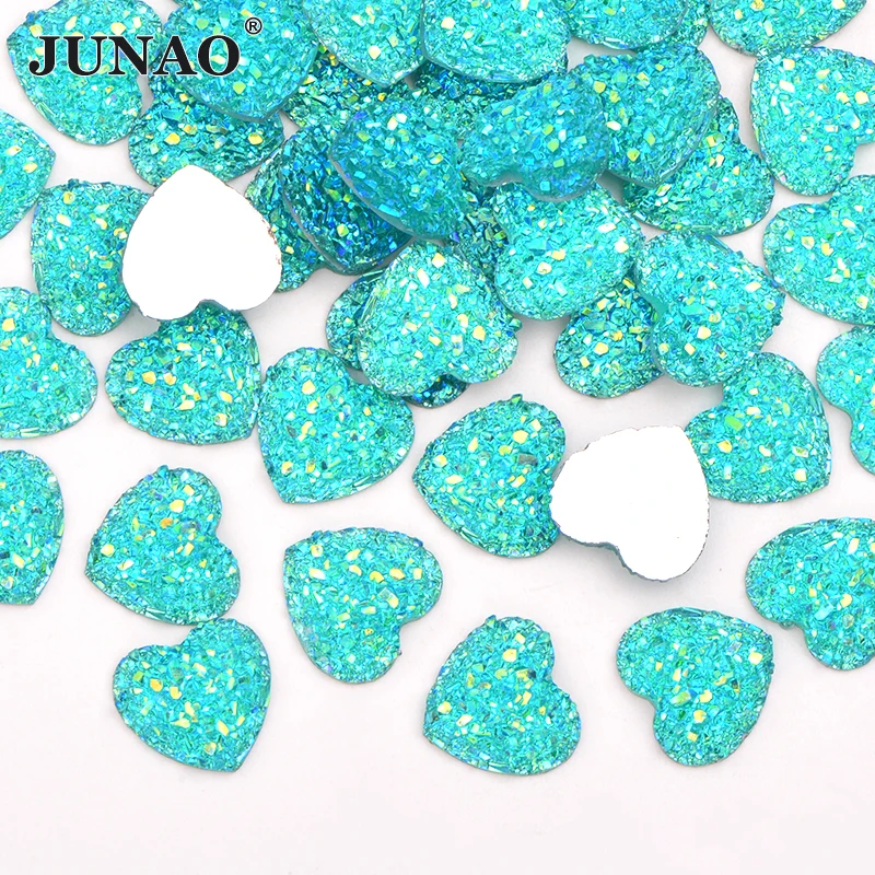 JUNAO 12mm 100pcs Glitter Silver Heart Rhinestone Applique Flatback Crystal Stones Resin Gems Non Hotfix Strass for Decoration