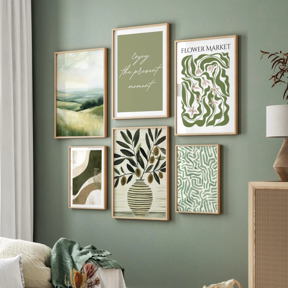 Boho Sage Green Gallery Wall Art Poster Abstract Neutral Aesthetic Green Gallery Prints Calm Room Decor Print Art Gift Poster