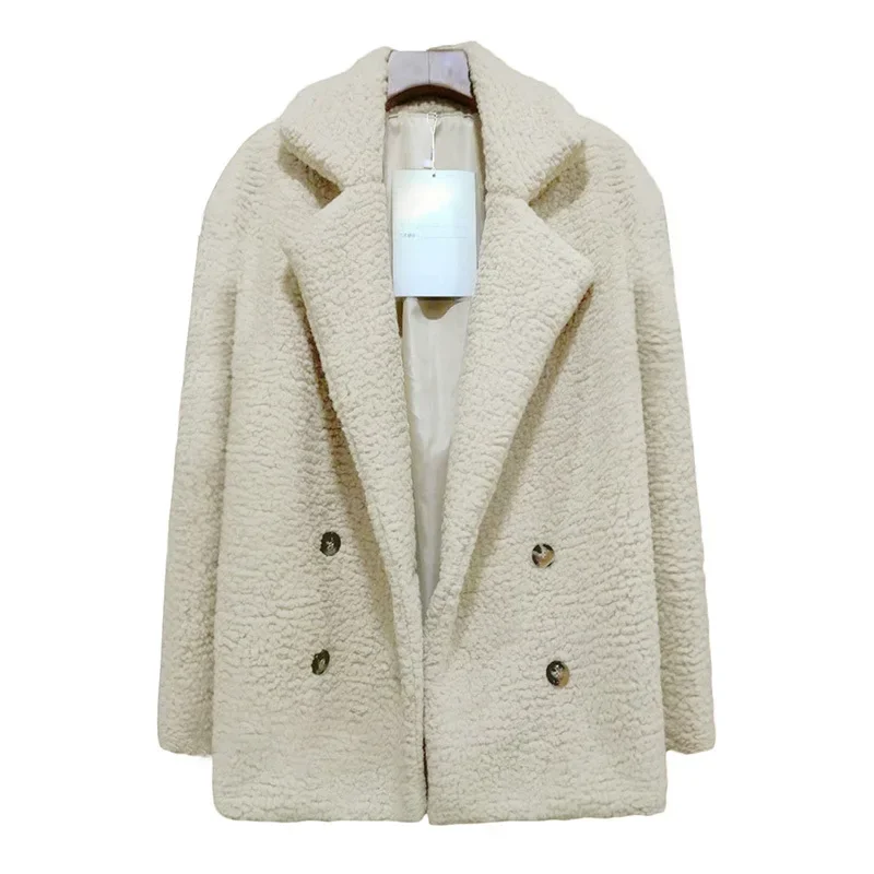 Double-Breasted Teddy Jacket for Women, Sheepskin Coat, Fur Coat, Turndown-Collar, Loose Plush Coat, Autumn and Winter