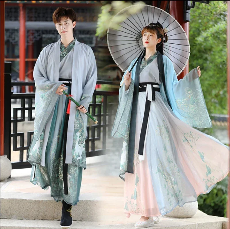 Hanfu coppie cinese antico Vintage Hanfu Shoot adulto carnevale Costume Cosplay verde e grigio 3 pezzi Hanfu Outfit per uomo e amp