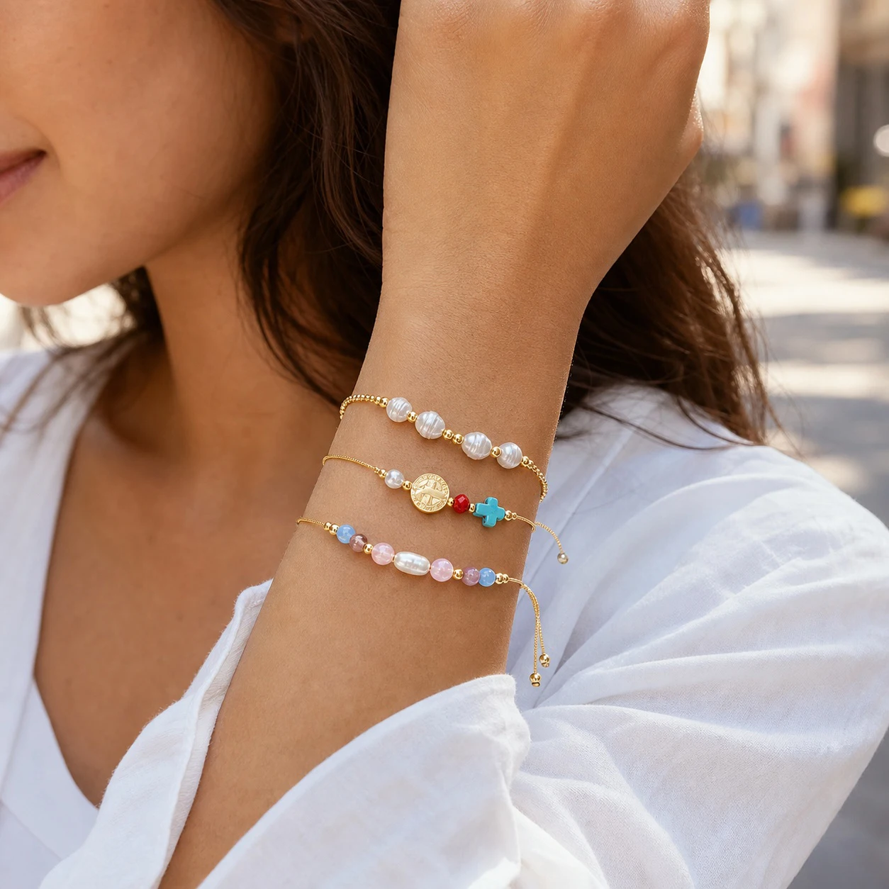 3pcs Adjustable Gold Tone Copper Chain Bracelet Set with Simulated Baroque Pearls Cross and Color Beads for Women Sweet Romantic