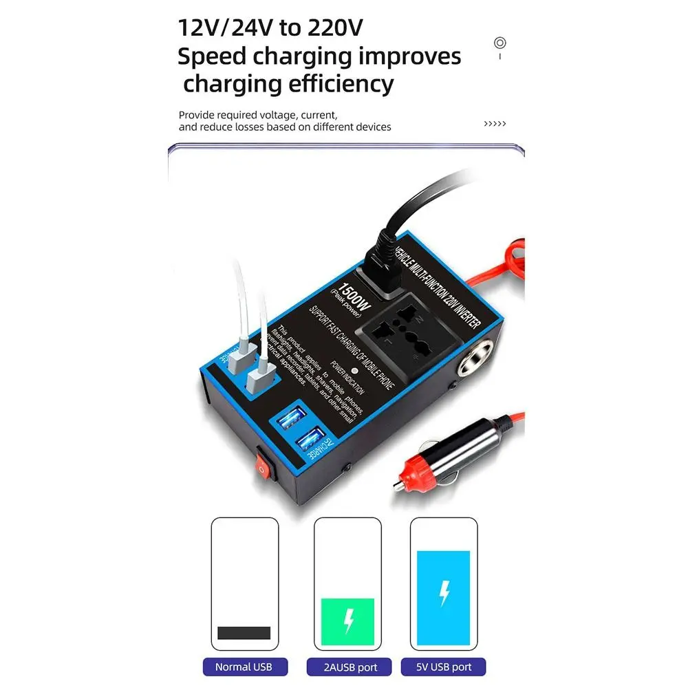 

Высокомощный портативный автомобильный инвертор мощностью 1500 Вт с 4 USB-универсальными автомобильными преобразователями постоянного тока 12 В 24 В в переменный ток 110 В 220 В Чистая синусоида