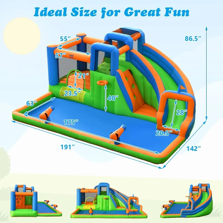 Corrediça de água inflável, castelo de salto de parque aquático infantil com grande piscina de respingo, 2 paredes de escalada e canões, escorregadores de água infláveis fo